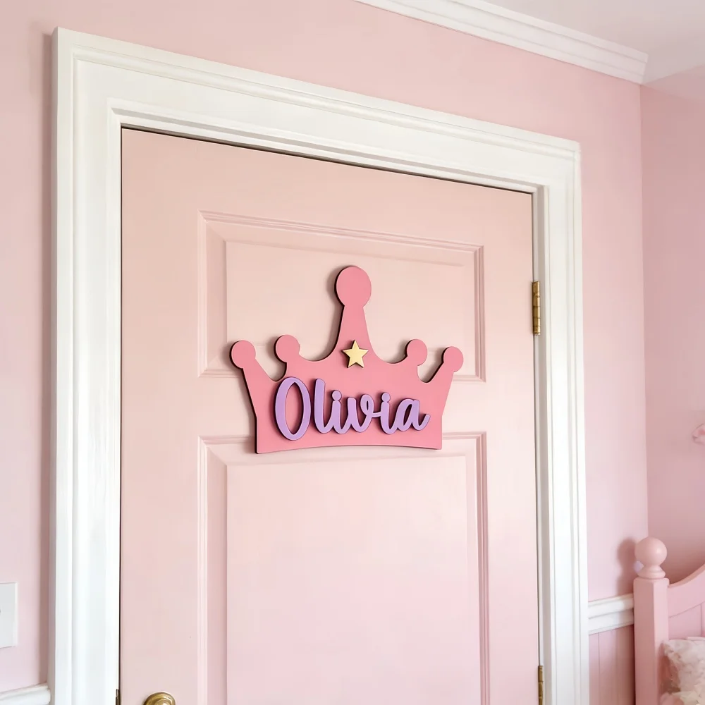 Plaque de porte personnalisée en bois à double couche avec nom, 1 pièce, panneau de porte de chambre avec couronne rose, ornement mural suspendu créatif