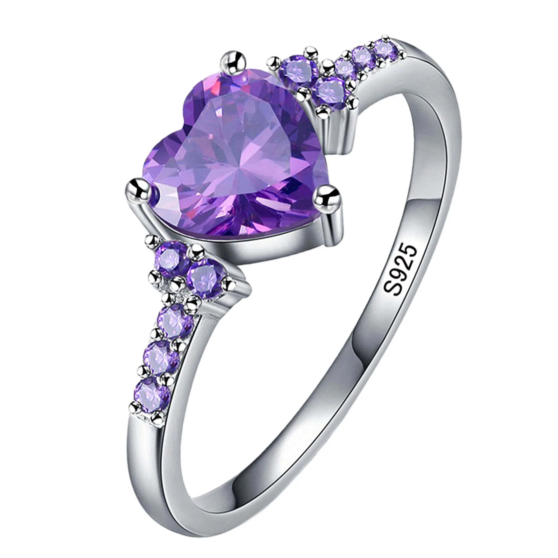 Jexxi Amethyst Rhinestone Ring Fashion Women Wedding Band Jewelry Cute Heart Purple Crystl 925 Silver Color Ring Dropshipping