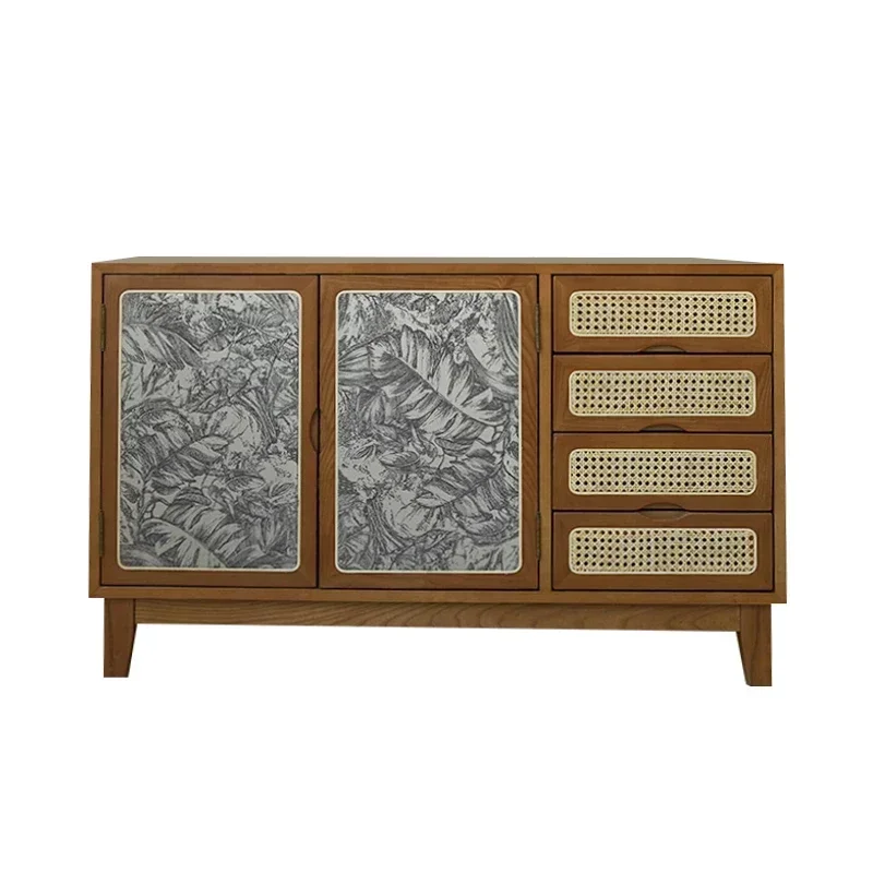

French Retro Solid Wood Rattan Sideboard Cabinet Entrance Locker Storage Cabinet