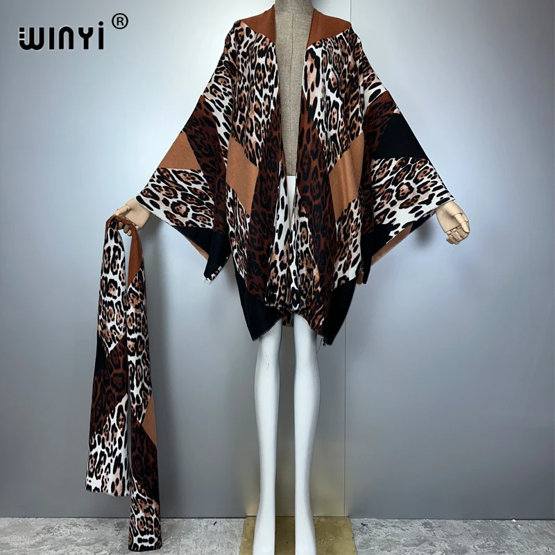 WINYI leopard print Autumn cardigan Africa women clothes maxi jacket coat abaya poncho for women cape loose dress with belt