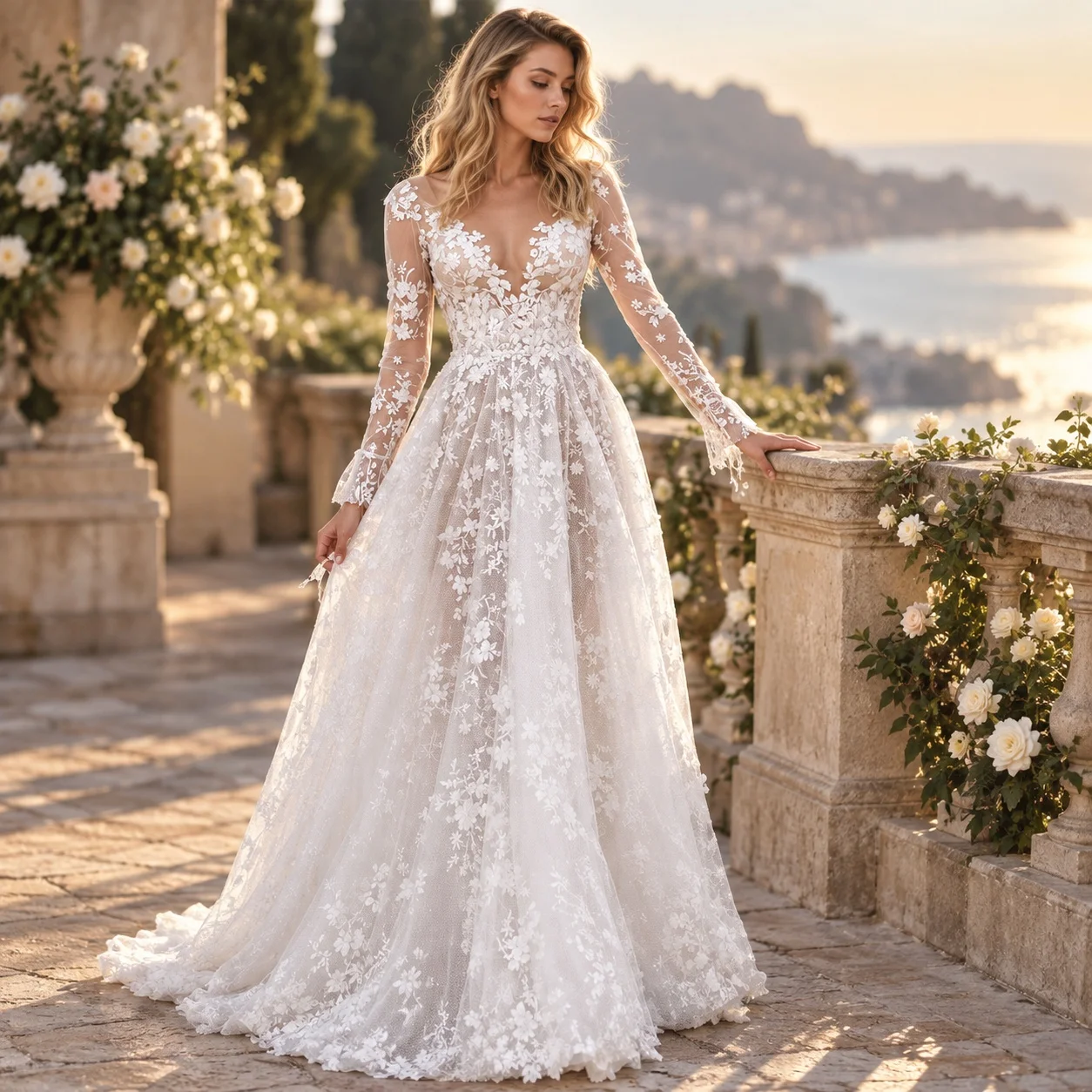 Mid Waist Long Sleeve Gown Elegant with Maxi Length Regular Sleeve Beaded Hollow Out Long Dress Deep V Neck Beach for Women