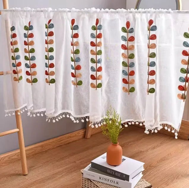 1 PC High-end Embroidered Four-color Leaf Embroidery Half Curtain Cabinet Curtain Block Curtain Curtain