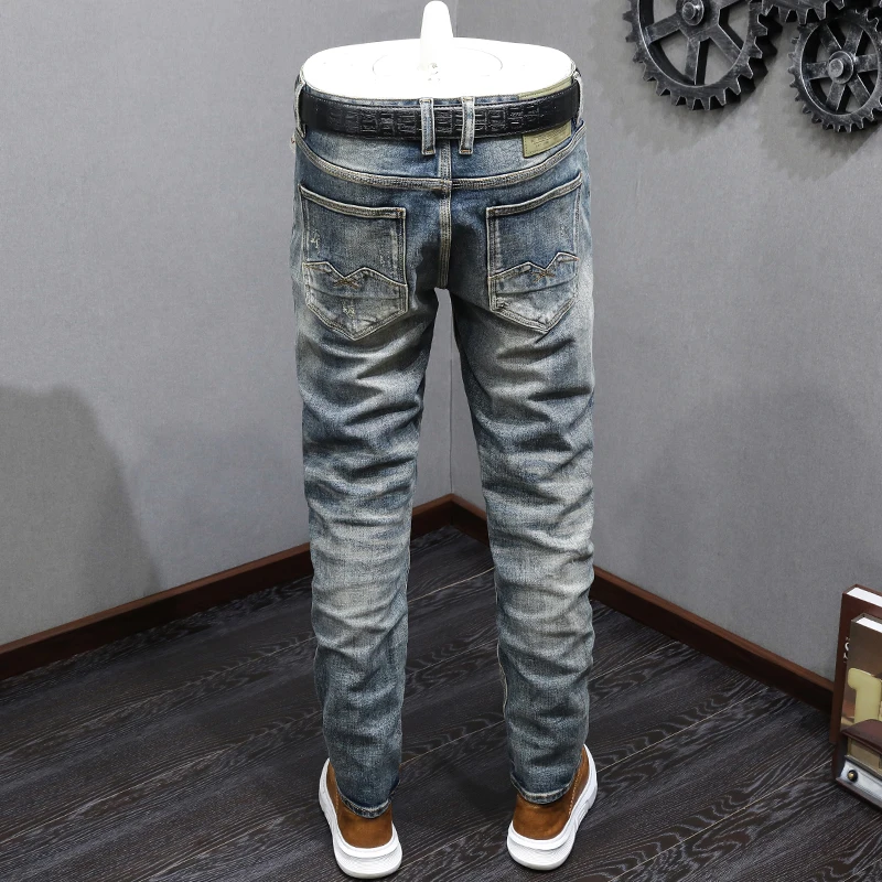 Italian Style Fashion Men Jeans High Quality Retro Washed Blue Stretch Slim Fit Ripped Jeans Men Vintage Designer Denim Pants