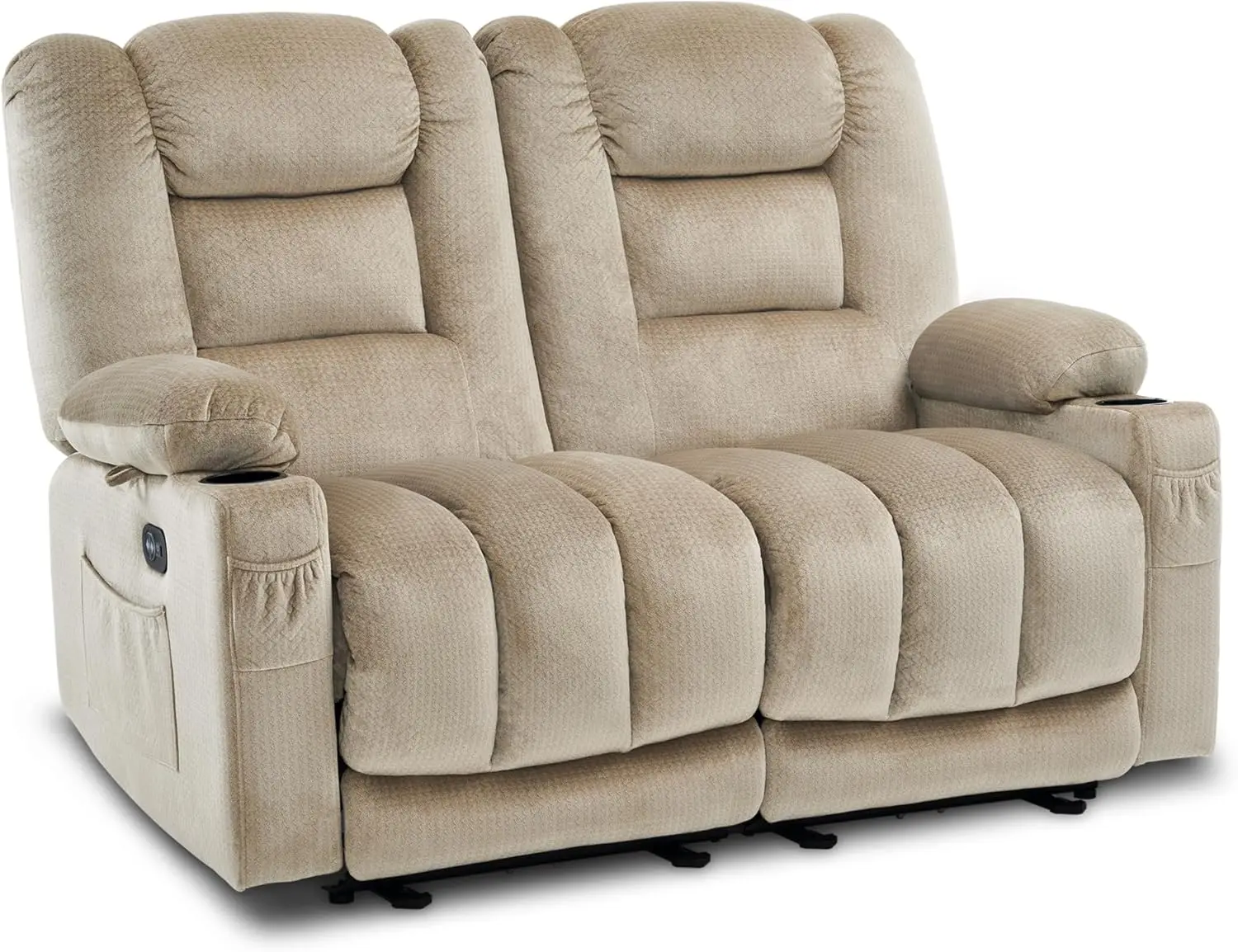 Power Loveseat Recliner with Heat and Vibration Fabric Electric Loveseat Recliner USB Charge Port Cup Holders for Living Room