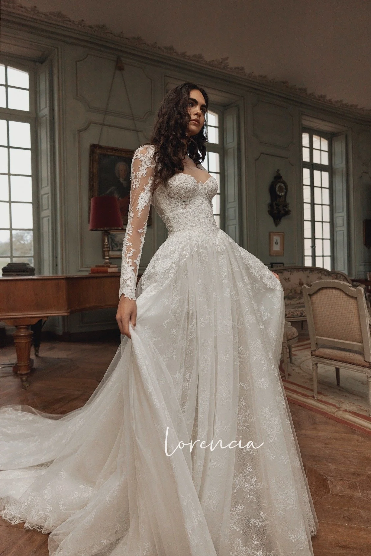 Lorencia Romantic Lace Princess Wedding Dresses with Bolero Sweetheart Basque A-Line Bridal Gowns Long Train Customized