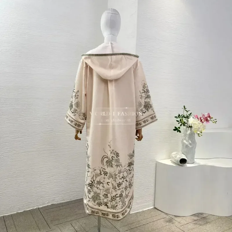 Robes d'été pour femmes, Vintage, Beige, manches longues, capuche, imprimé Floral paon, robe mi-longue ample, 2025