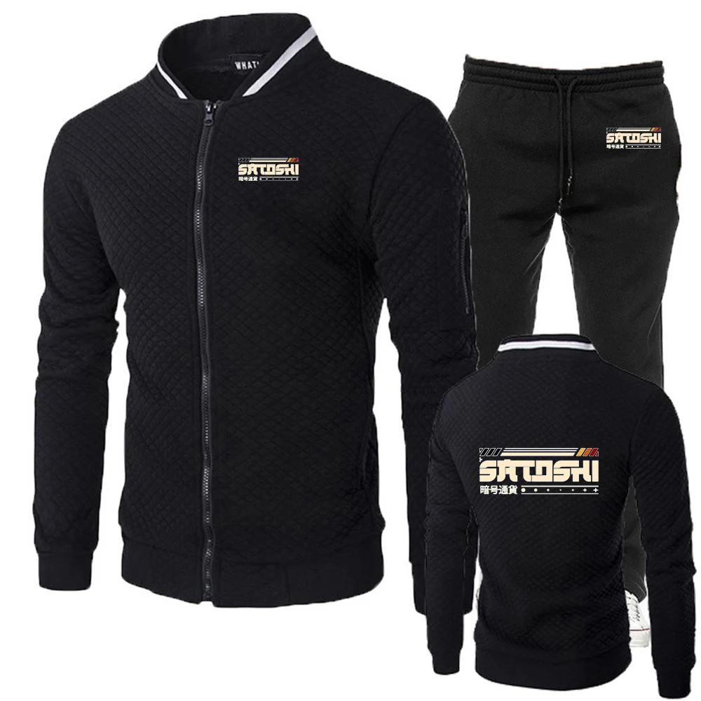 

2026 Satoshi and Crypto Graphic Print Spring And Autumn Men's New Silm Fit Set Zipper Sweatshirts + Long Pants Suit