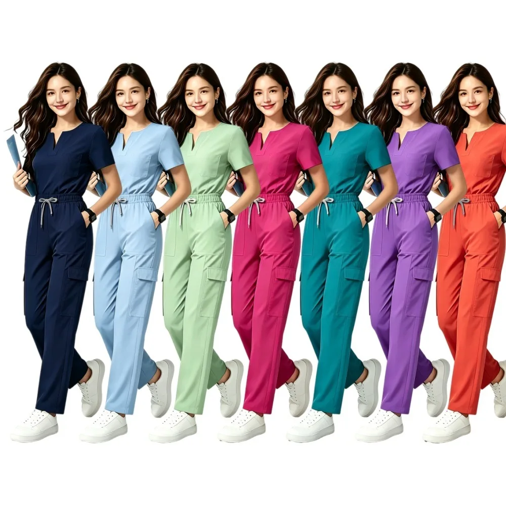 2026-new-style-clinical-uniform-woman-v-neck-dental-scrubs-woman-summer-short-sleeves-with-pockets-surgical-uniforms-scrub