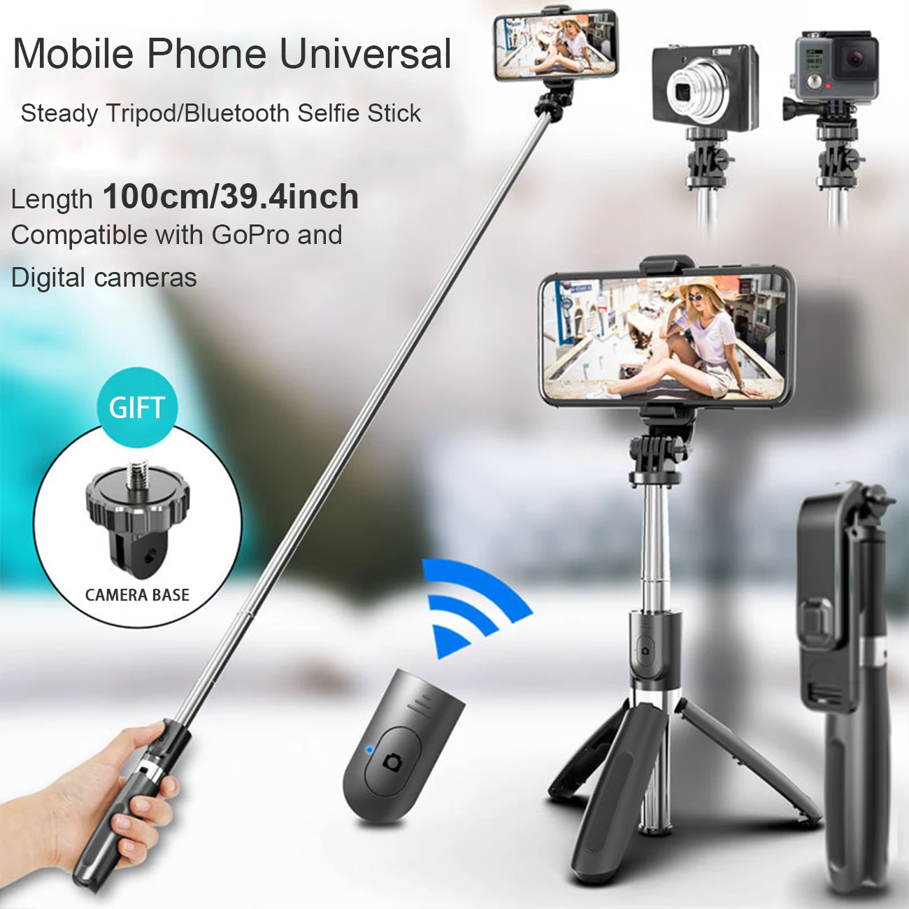 Palo de selfie multifunción de 39 pulgadas, 360 °   Soporte giratorio con control remoto inalámbrico, soporte para teléfono en vivo (iOS y Android)