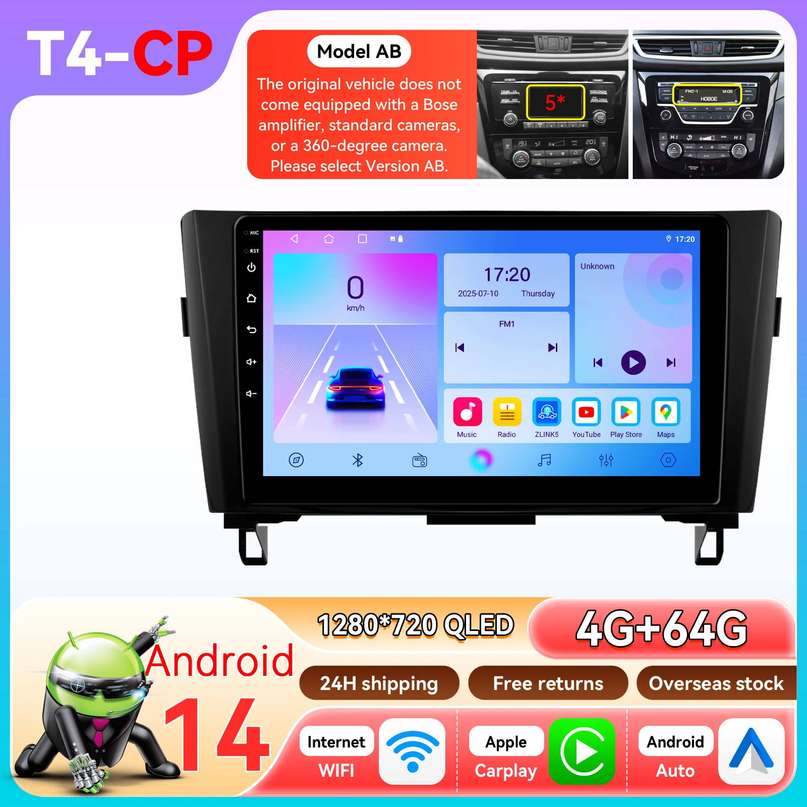 Hizpo 10.1" autoradio voor Nissan Qashqai 2 X-Trail 3 T32 2013 - 2017 met draadloze CarPlay voor Apple en Android Auto, GPS, RDS, WiFi, 4G, multimediaspeler en stereo.