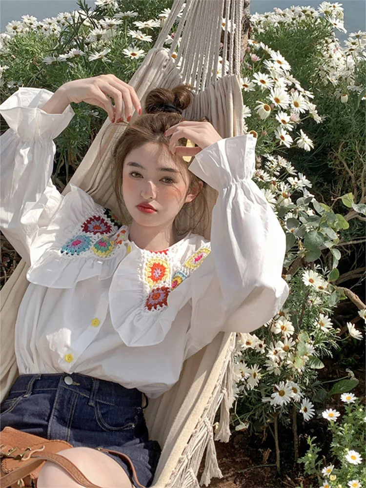 Woven Flower Peter Pan Collar Blouse Women Single Breasted Flare Long Sleeves Sweet Shirts Korean All Match Loose Tops