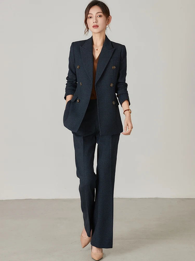 

Утепленный осенне-зимний деловой костюм Thiened: синий шерстяной комплект из двух предметов с брюками-клеш, приталенный крой, для женщин