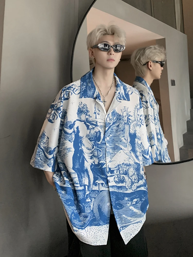 

Hawaiian Cuban Collar Ice Silk Printed Shirt Men's Short Sleeve Breathable Fashionable Summer Casual Loose Fit Polyester