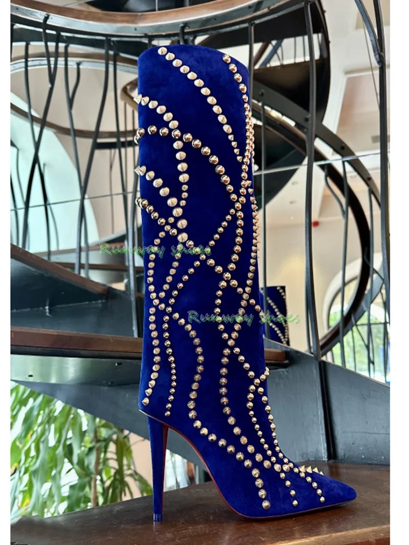 Pointed Tip Stiletto Heels Knee-High Boots Blue Suede Finish Material Adorned With Gold Pointed Studs Winter Boots Women's Boots