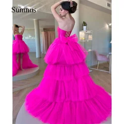 Sumnus Hot Pink Tulle Strapless Party Dresses With Bow High Low Tiered Long Train Homecoming Prom Dress 2024 Event Gowns