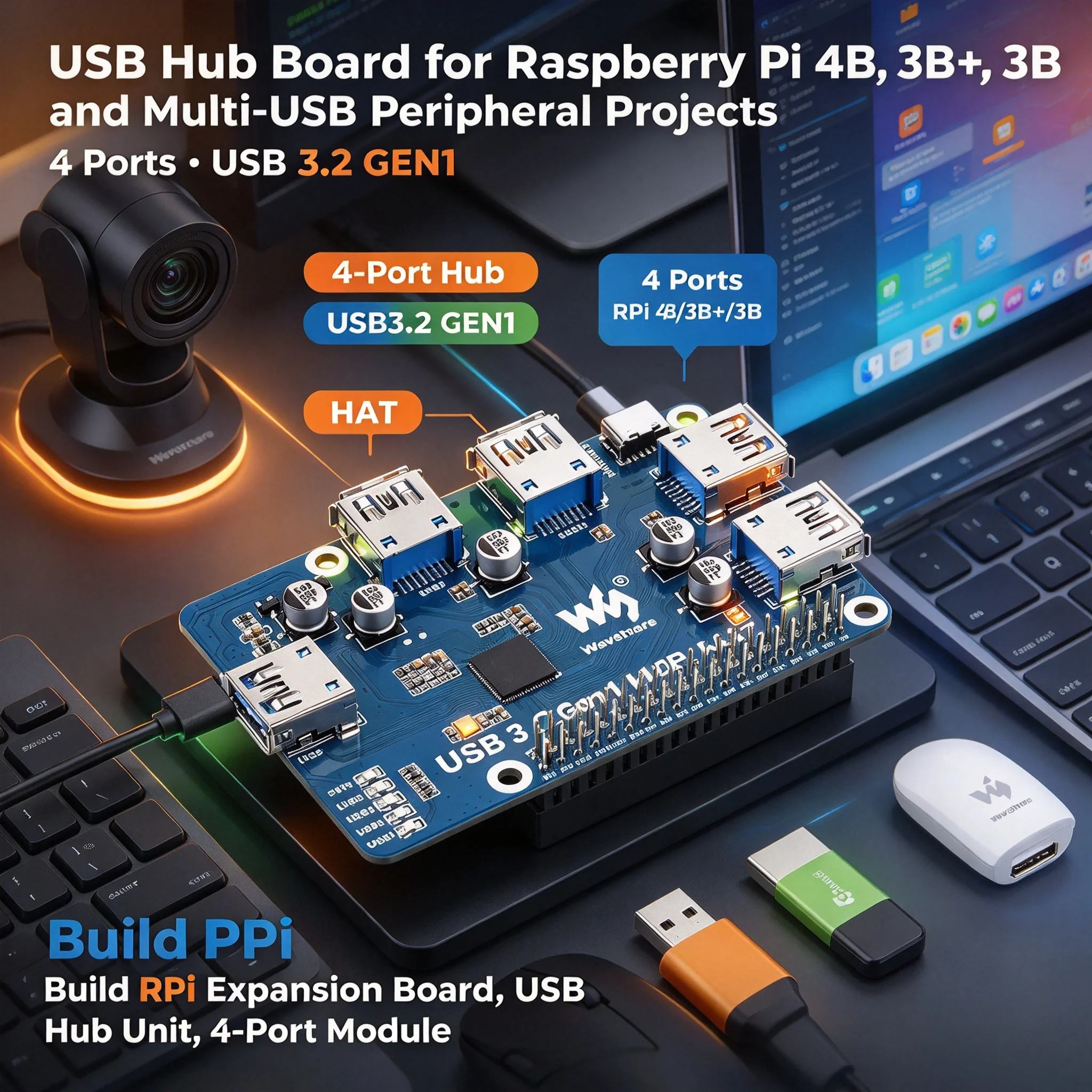 3Pcs USB Hub Hat Expansion Board 4 Ports USB3.2 GEN1 for Raspberry Pi 4B 3B+ 3B
