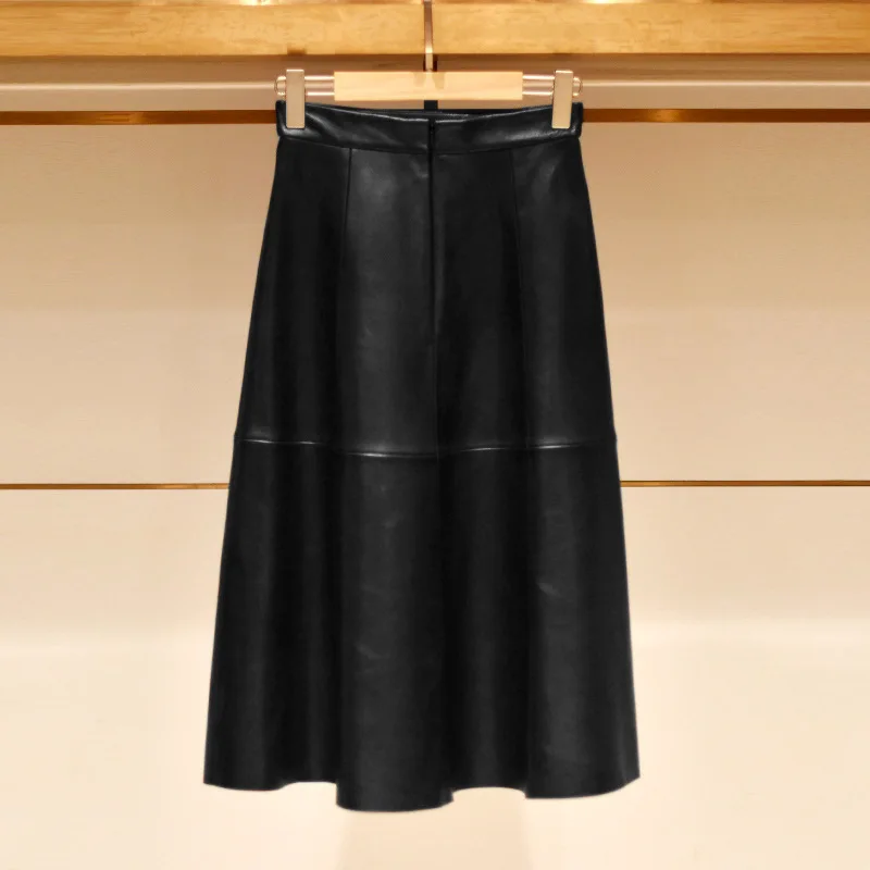 2022 Autumn Winter Chic OL High-rise Leather-Skirt High Quality Sheepskin Genuine-leather Women's Elegant Skirts B910