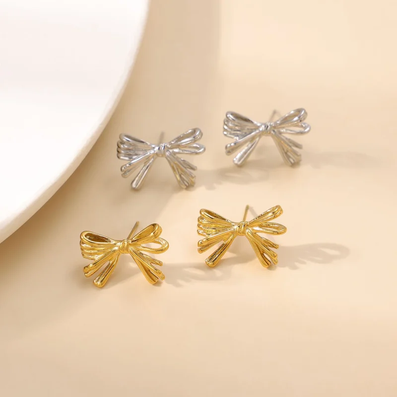 Vintage Elegant Bowknot Stainless Steel Earrings For Women Jewelry Gold-Plated Stud Earring Christmas Party Jewelry