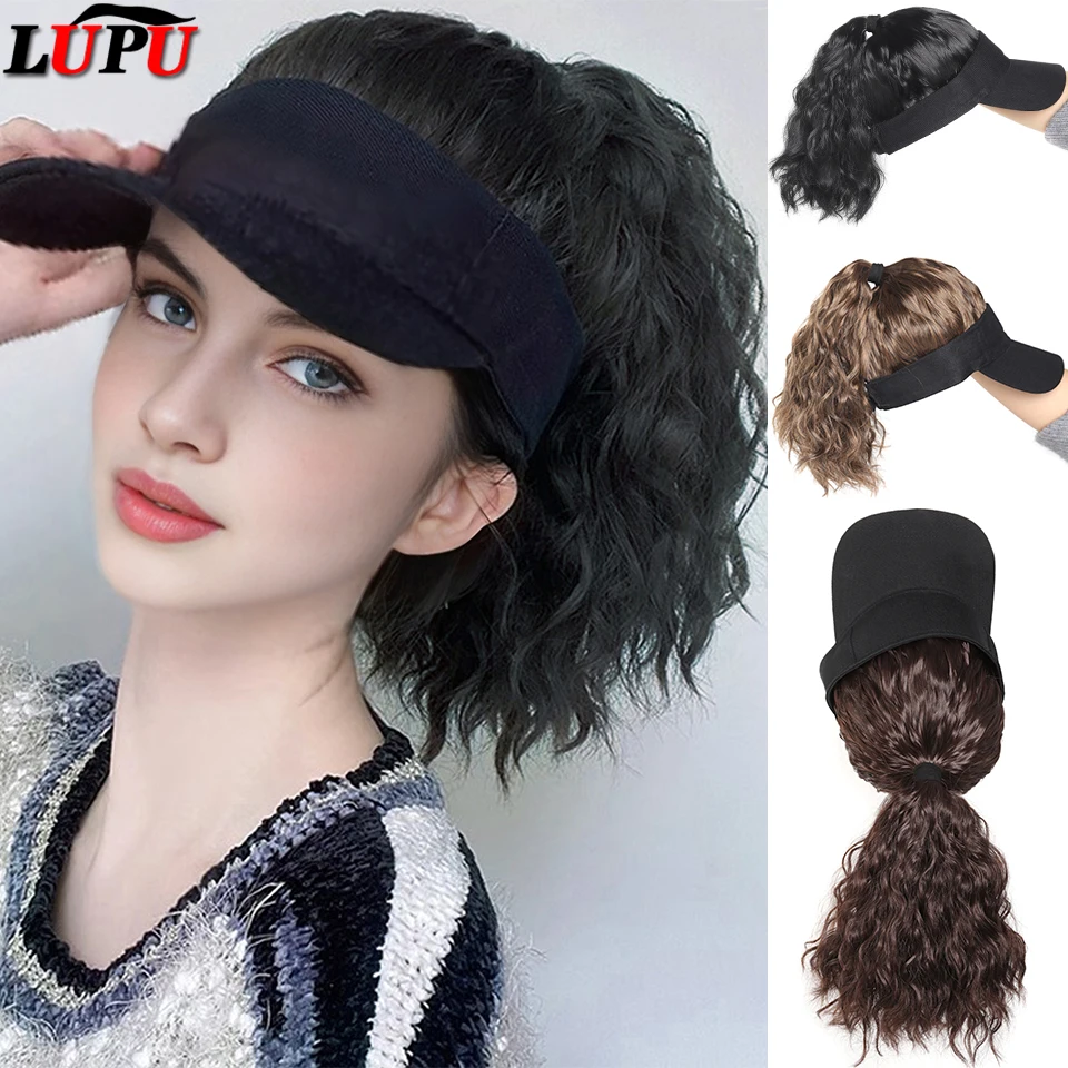 LUPU Synthetic Hair Curly Wave Ponytail Black Brown Baseball Cap Wig Adjustable Sun-Protective Sporty Style for Women Girls