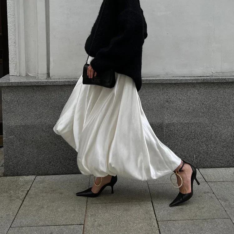 Fashion Beige Satin Skirts for Women Elegant High Waist Office Lady Ankle-Length Skirt Casual Loose Skirt Female Clothes