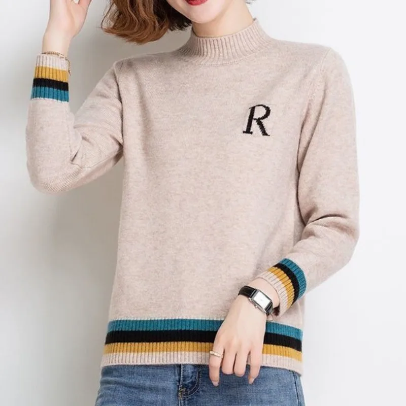 

Autumn and Winter Women's Pullover Half High Neck Long Sleeve Spell Colour Letter Patchwork Fashion Casual Sweater Knit Tops