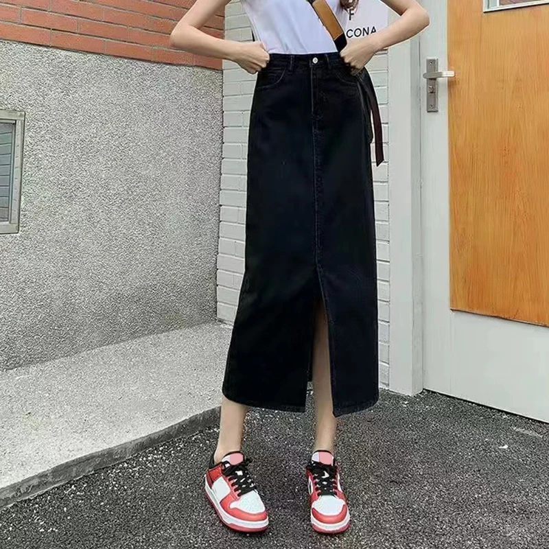 Hohe Taille Retro Denim Rock für Frauen 2025, Vorne Split Sommer Midi Röcke Frau Streetwear Chic Gerade Jeans Rock Weibliche