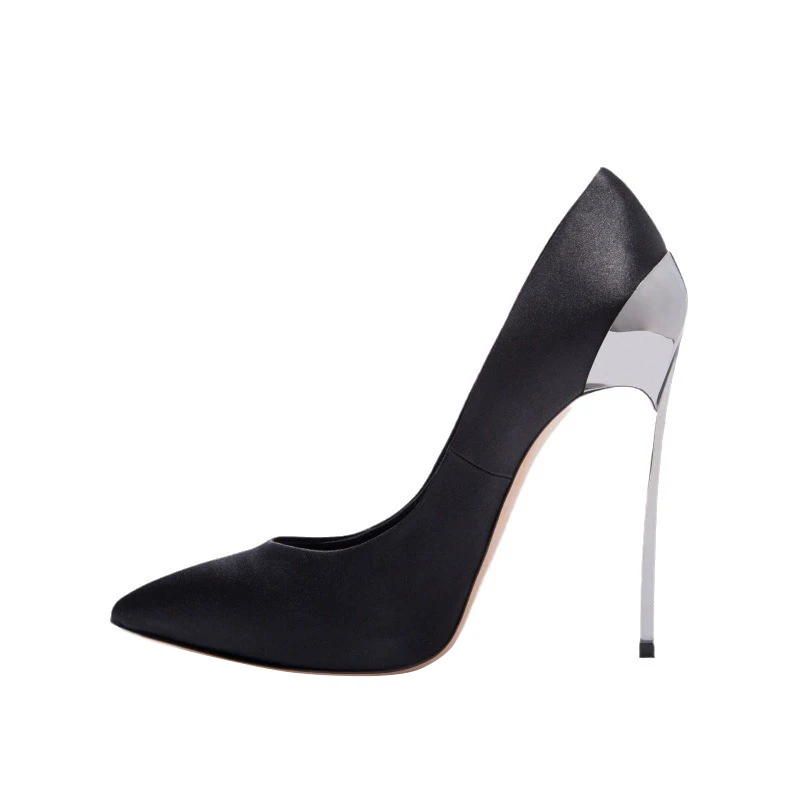 Arden Furtado Women's Summer Silk Pointed Toe Pumps Thin Metal Heel Super High Sexy Pumps Extra Large Size Single Shoe