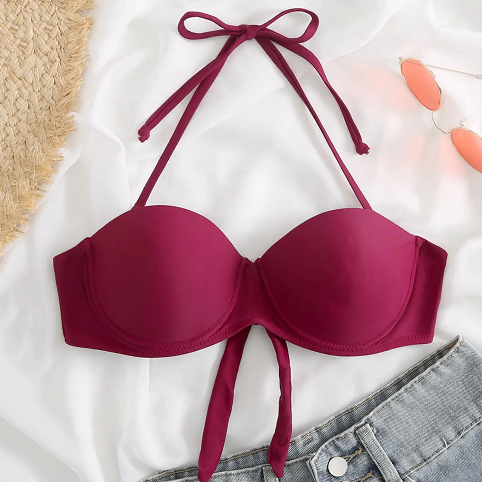 

Swimsuit 2025 Trend Bikini Top Women'S Bow Tie Underwire Push Up Swimsuit Hot Selling Solid/Floral Ruched Swimsuit Top купальник