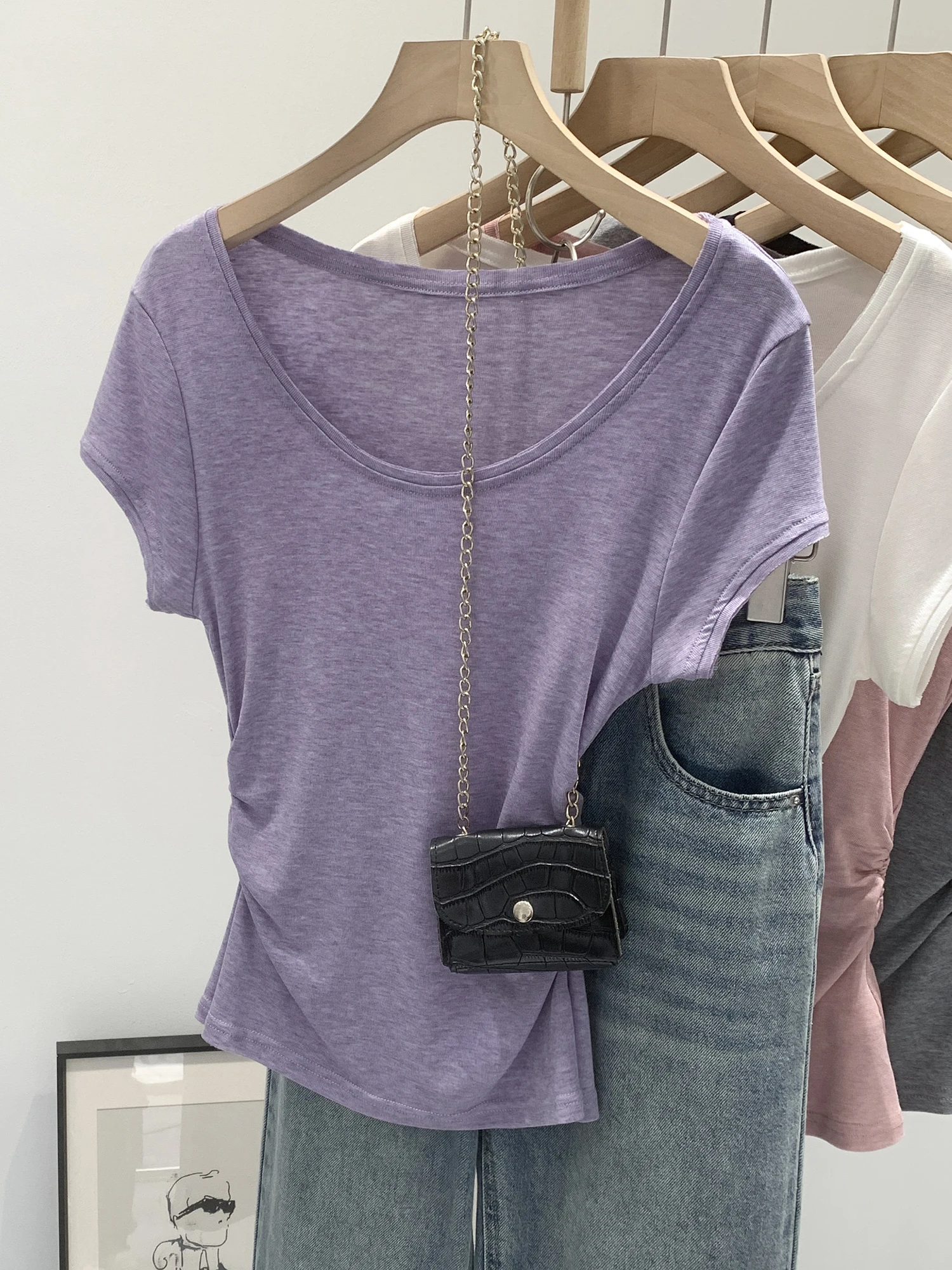 Korean Style Short Sleeve T-Shirt Women's Summer New Slimming Beautiful Inner Wear Top Large U Neck Gathered Design Breathable