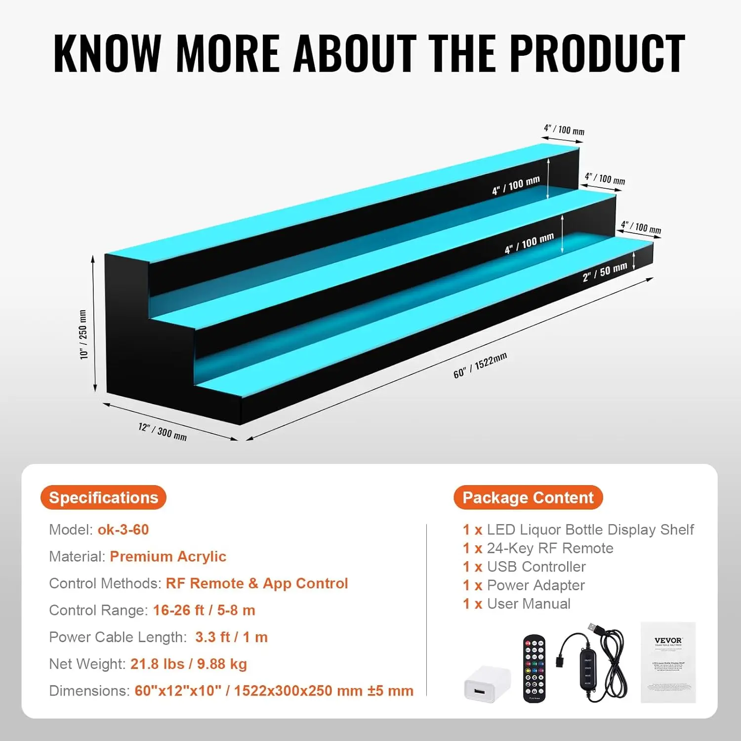 จอแสดงผลขวดสุรามีไฟ LED, 3 ชั้น 60 นิ้ว, รองรับ USB, ชั้นวางบาร์บ้านเรืองแสงพร้อมรีโมท RF และแอพ