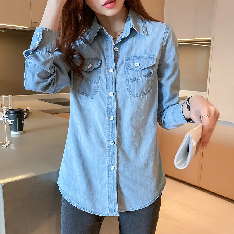 #3115 Spring Denim Shirt Women Slim Fit Casual Office Jeans Shirt Long Sleeve Womens Tops And Blouses Blue Cotton Thin Vintage