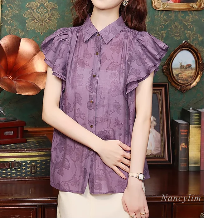 Vintage Print Short Sleeves Purple Chiffon Shirts and Blouses Women's Summer Top 2024 New Elegant Flying Sleeves Top Blusas