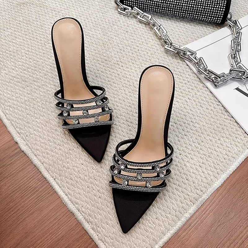 

2026 Fashion Crystal Diamond Thin High Heels Slippers Summer Pointed Toe Open Toes Woman Slippers Party Dress Shoes