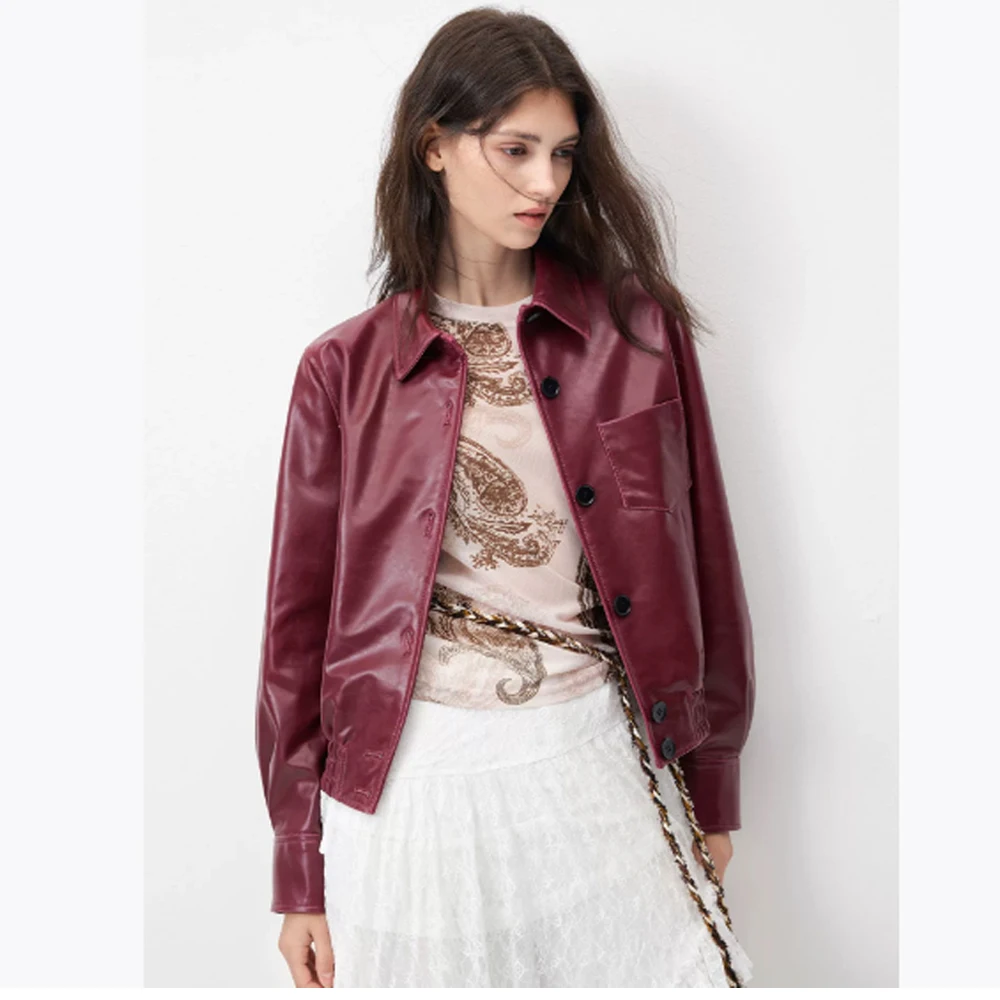 xinglilai Giacca in pelle femminile con risvolto piccolo in pelle di pecora per donna stile corto nuovo cappotto in vera pelle inverno autunno vino rosso cappotto