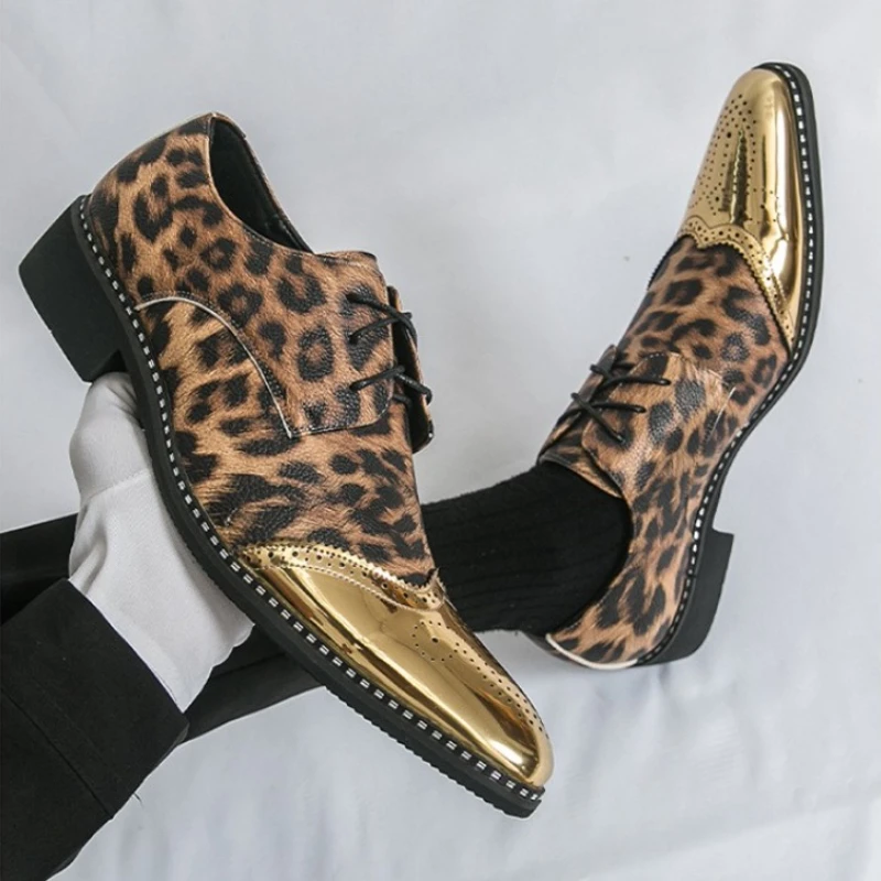 

Дизайнерские мужские кожаные туфли золотого, серебряного цвета с леопардовым принтом, повседневные броги, официальное свадебное платье, обувь для выпускного вечера, Zapatos Hombre