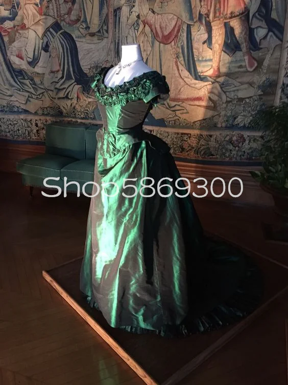 Emerald Green 2024 Victorian Prom Dress Ruffles Stain Lace-up Corset Civil War Film Costume History Evening Gown for Women