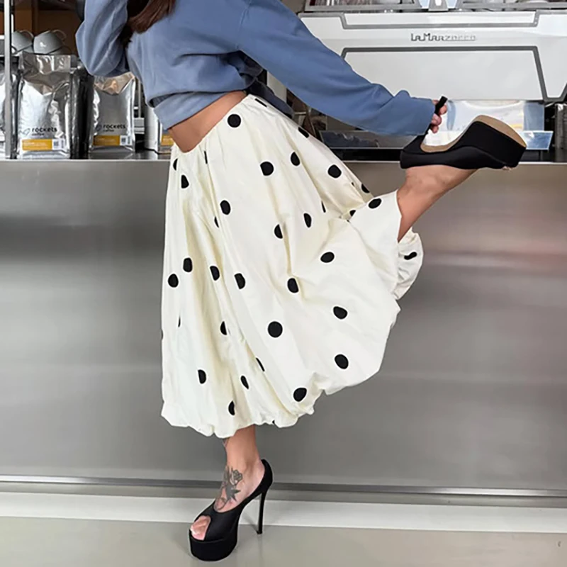Vintage Non Elastic Pleated A-Line Skirt Lady Elegant Office Commute Floral Bud Skirt 2026 Spring Summer Casual Polka Dot Skirt