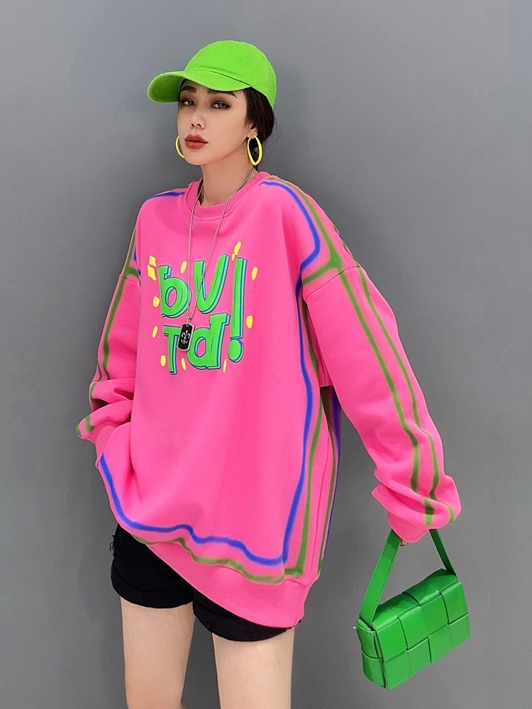 Vefadisa 2024 Autumn New Pink Women Letter Printed Hoodie O-Neck Long Sleeve Patchwork Hoodie Fashion All-match Top ZXY788A