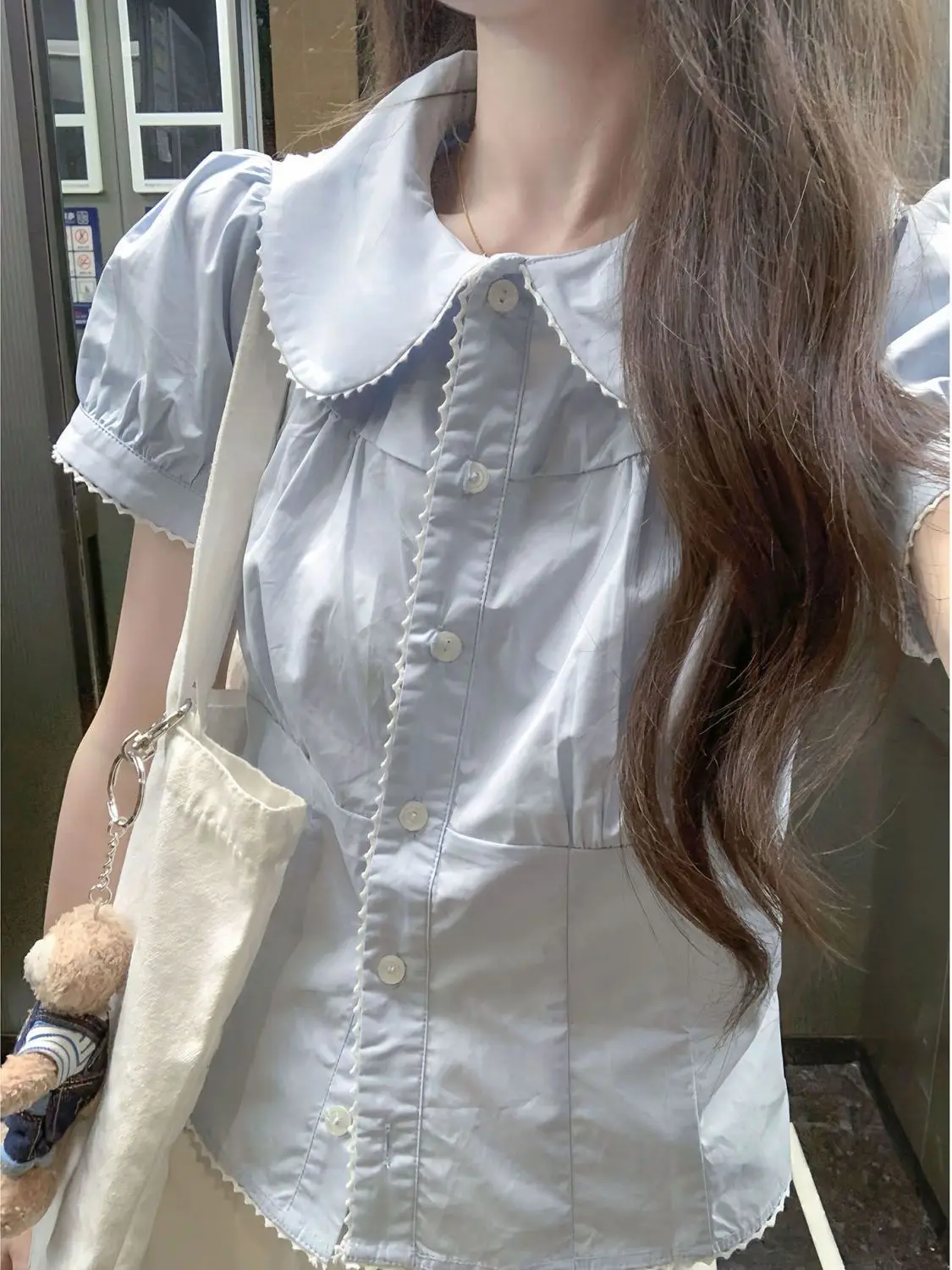 

Japan Doll Collar Short-Sleeved Shirt For Girls In Summer Small Design Shirt Short Half-Sleeved Puff-Sleeved Top