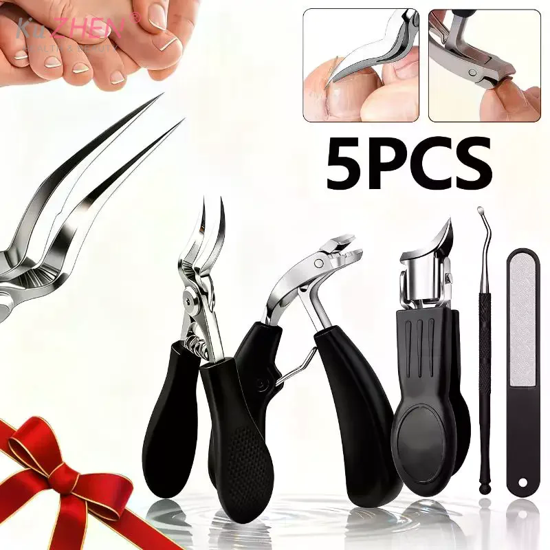 

5pcs Professional Heavy-Duty Toenail Clipper Set For Ingrown And Thick Toenails, Stainless Steel Concave Blade