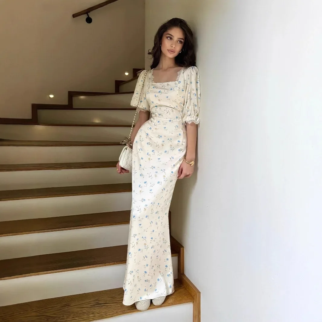 Europeu e americano 2025 moda primavera festa à noite fino ajuste rendas até cetim impressão suave estilo fada vestido de renda para mulher