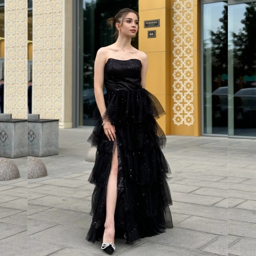 

Customized Matching Elegant Tulle Pleat Sequined Tiered Draped A-line Strapless Long Dresses Bespoke Occasion Dresses Exquisite