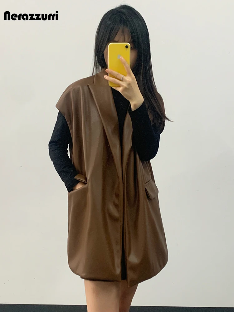 Nerazzurri Spring Autumn Oversized Luxury Elegant Chic Brown Soft Pu Leather Blazer Women Loose Casual Sleeveless Jacket 2023