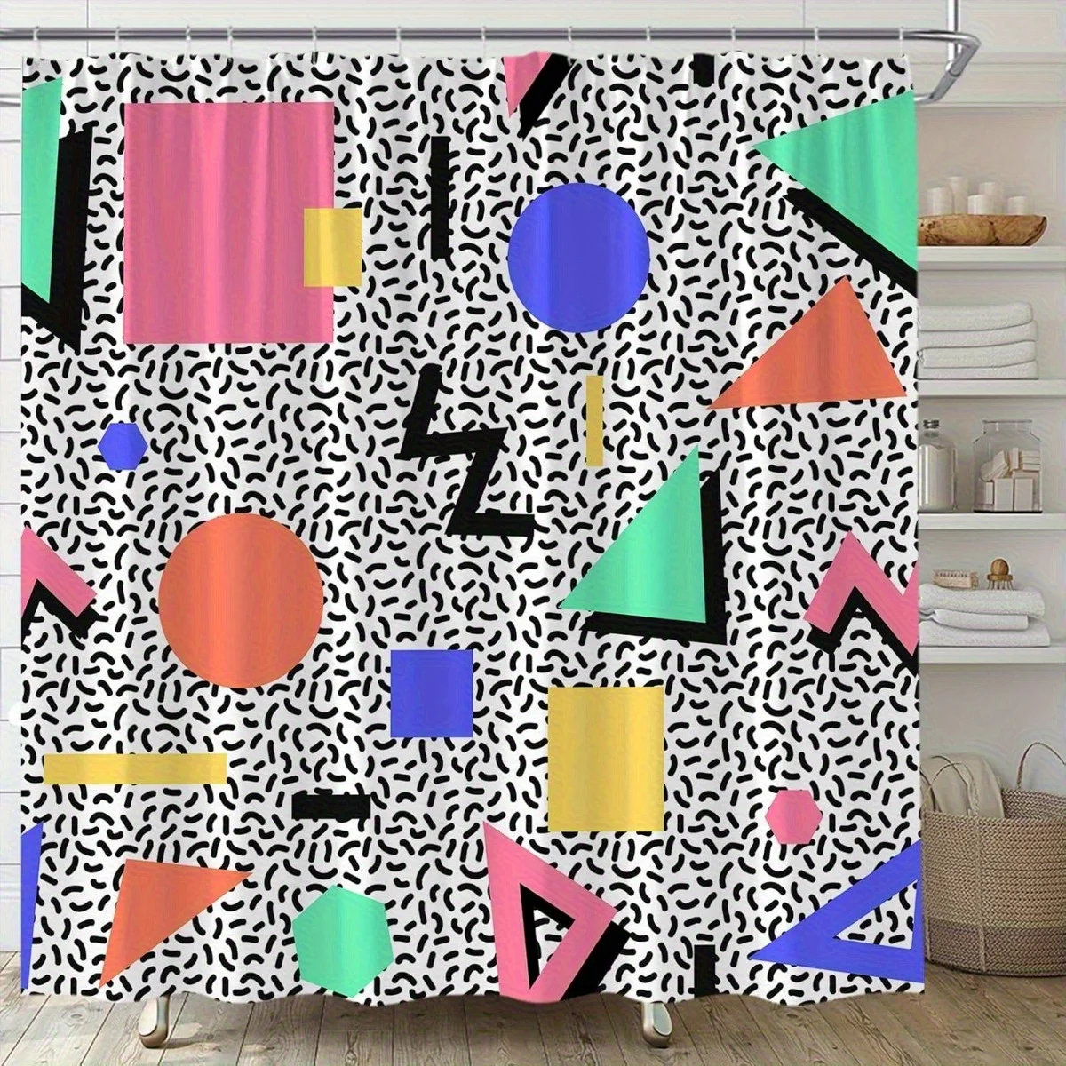 80s 90s Geometric Shower Curtain Modern Abstract Rectangle Triangle Circle Stripes Memphis Fashion Fabric Bathroom Decor Set wit