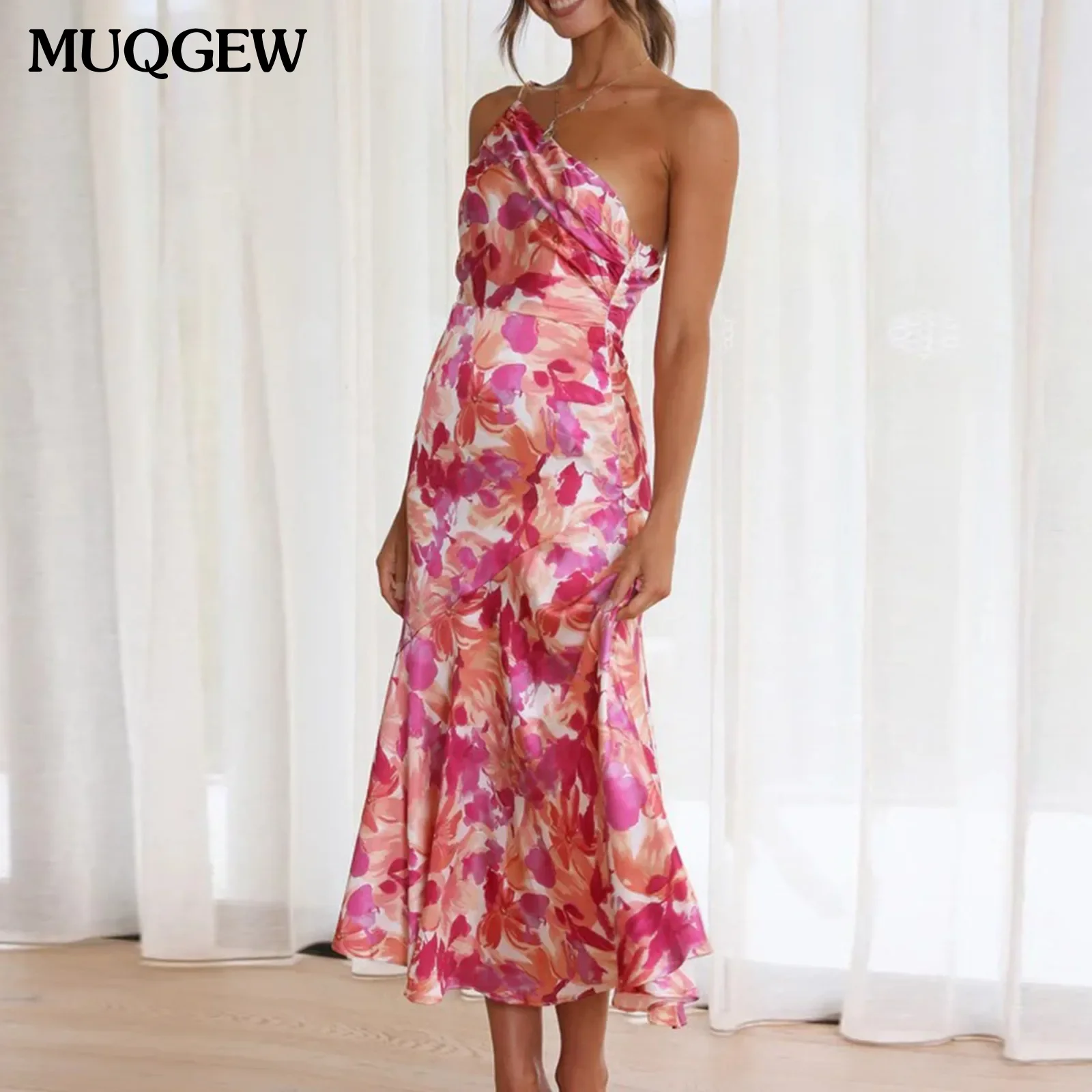 Sexy Summer Dress For Women 2024 Elegant Floral Print One Shoulder Pleated Spaghetti Backless Strape Midi Bodycon Evening Dress