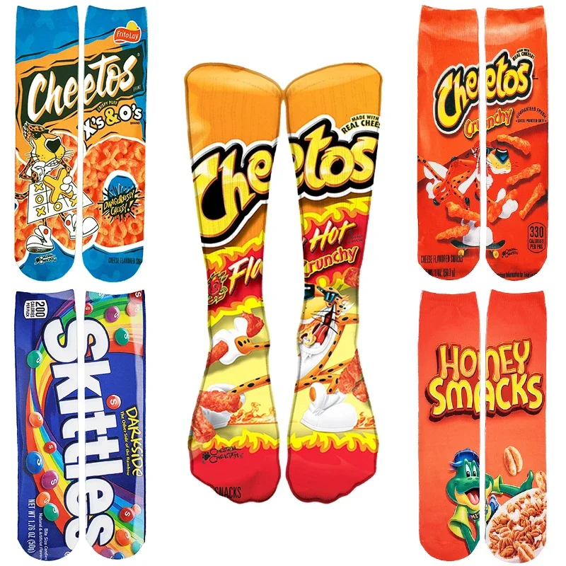 3D Printing Funny Socks Men and Women Unisex Cotton Socks Potato Chips Chocolate Candy Packing Harajuku Long Socks Woman