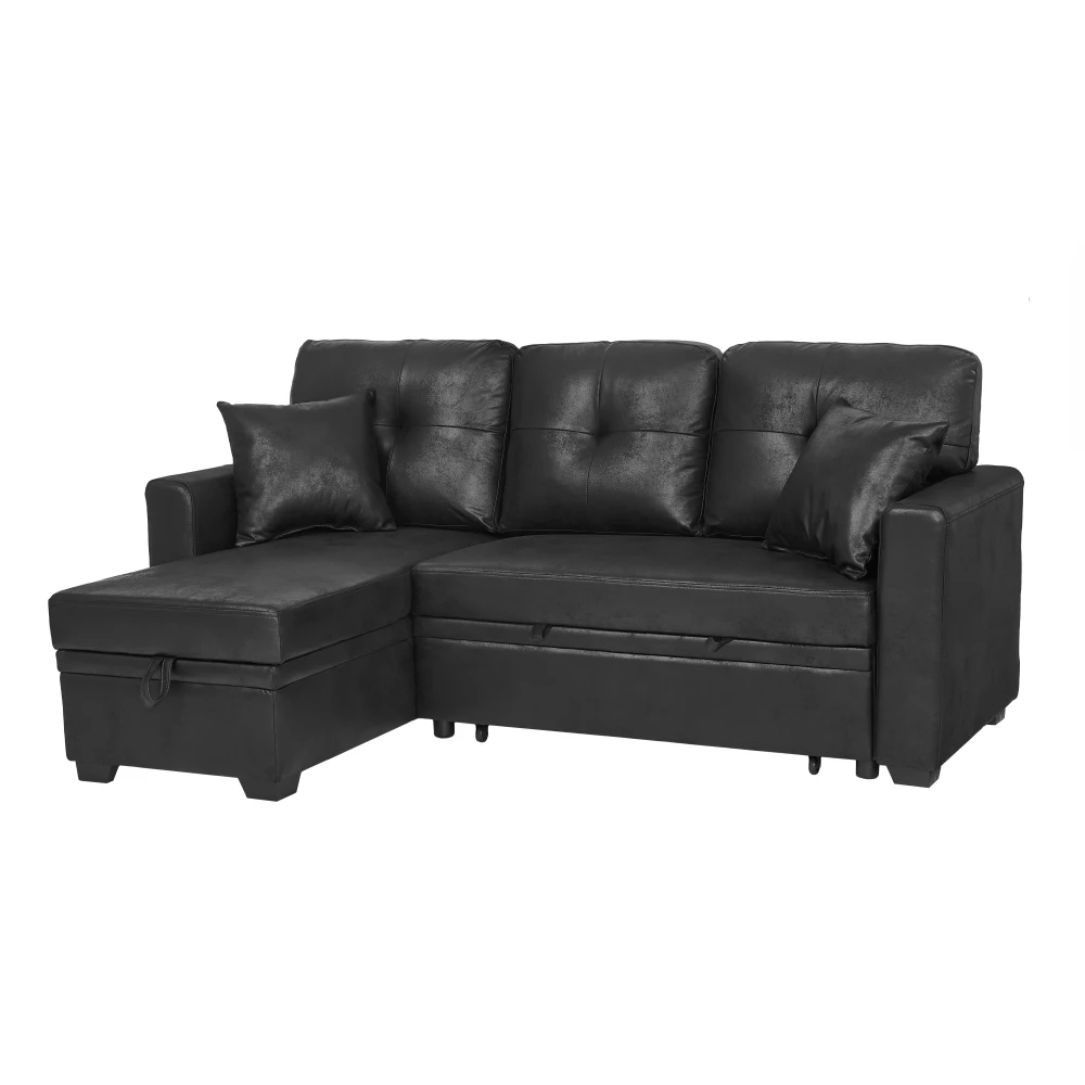 Sleeper Sofa, Sectional with Pull-Out Bed, Reversible Chaise, Storage Sectional,  Black breathable  fabric, Small Space Solution, Convertible Sofa Bed, Living Room Furniture, L-Shaped Sofa