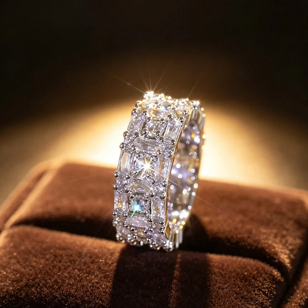1Pcs wide full eternity ring for women ladies, fully inlaid with layered rectangular shiny zircon. Dense all-around sparkling design, sleek wide band, suitable for daily wear, banquet and anniversary occasions.