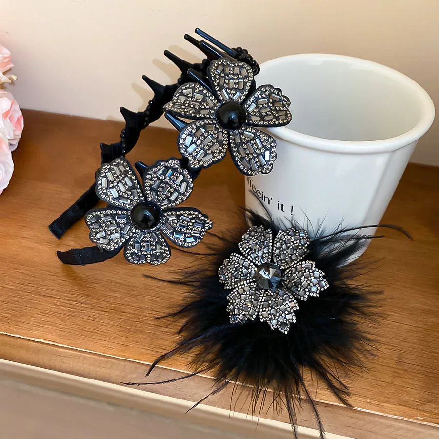2Pcs Set Funkelnden Diamant Blume Feder Haar Zubehör Set Haar Hoop + Grip Clip frauen Bankett Stil pan Haar Zubehör – Detail 3