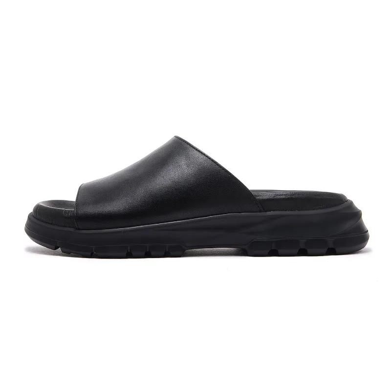 High End Fashion Black Cowhide Slippers Men's Summer Shoes Sport Casual Slip on Open Toe Sandals Male Genuine Leather